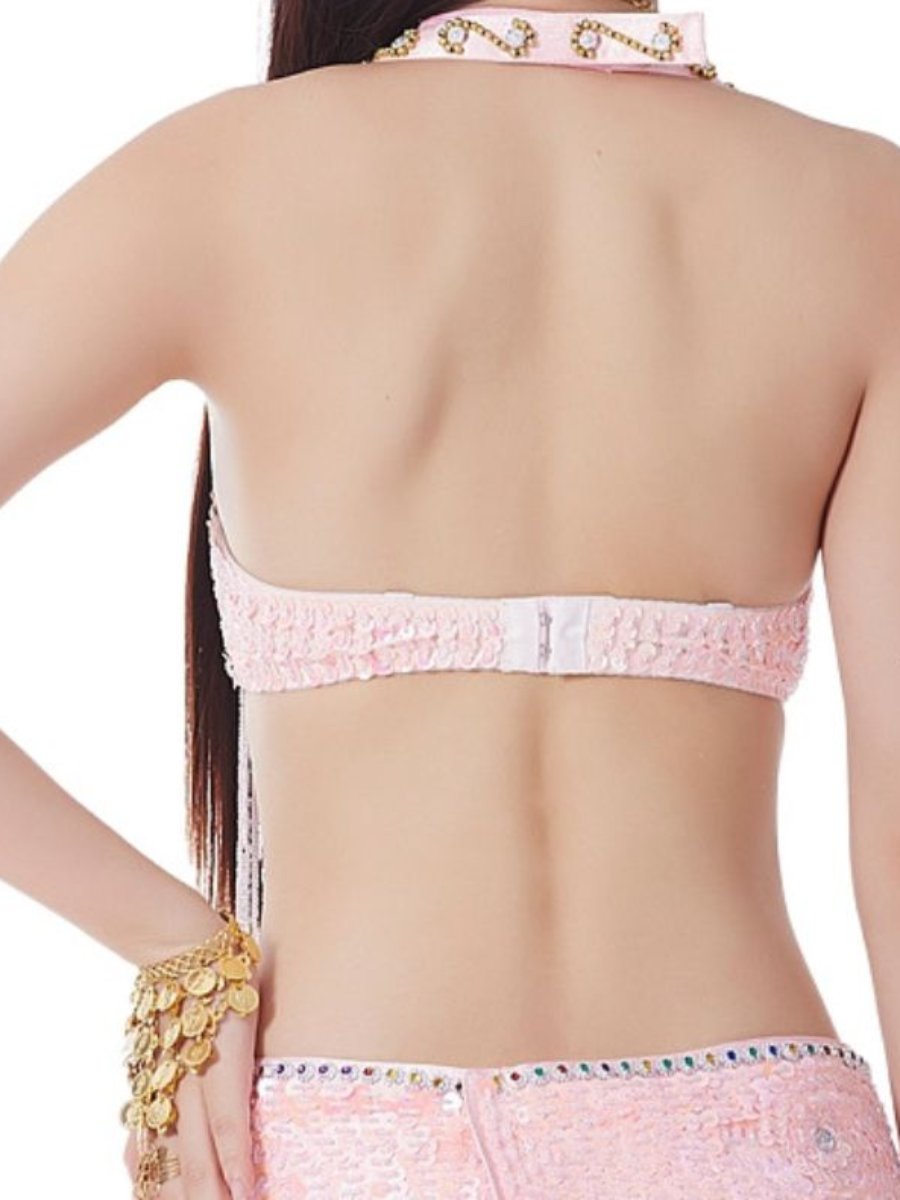 Soutien-Gorge de Danse Du Ventre Sexy à Paillettes et Pompons Sans Manches avec Strass et Perles