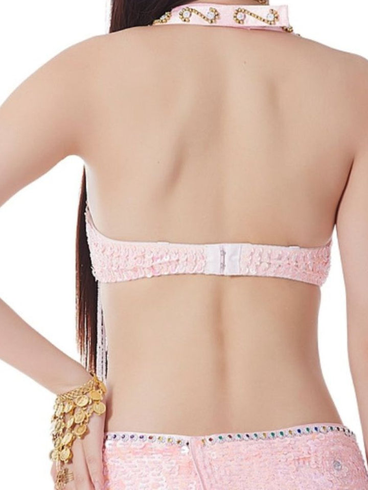 Soutien-Gorge de Danse Du Ventre Sexy à Paillettes et Pompons Sans Manches avec Strass et Perles