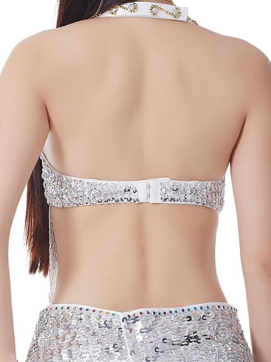 Soutien-Gorge de Danse Du Ventre Sexy à Paillettes et Pompons Sans Manches avec Strass et Perles