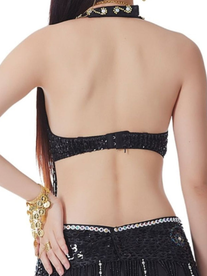 Soutien-Gorge de Danse Du Ventre Sexy à Paillettes et Pompons Sans Manches avec Strass et Perles
