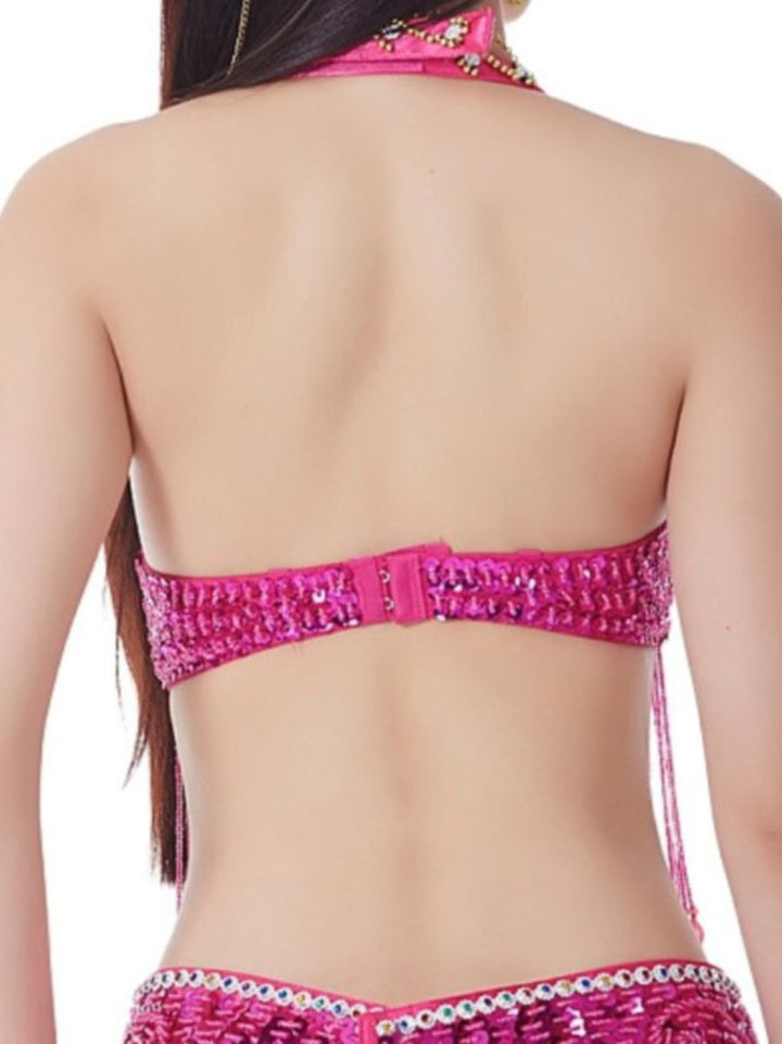 Soutien-Gorge de Danse Du Ventre Sexy à Paillettes et Pompons Sans Manches avec Strass et Perles