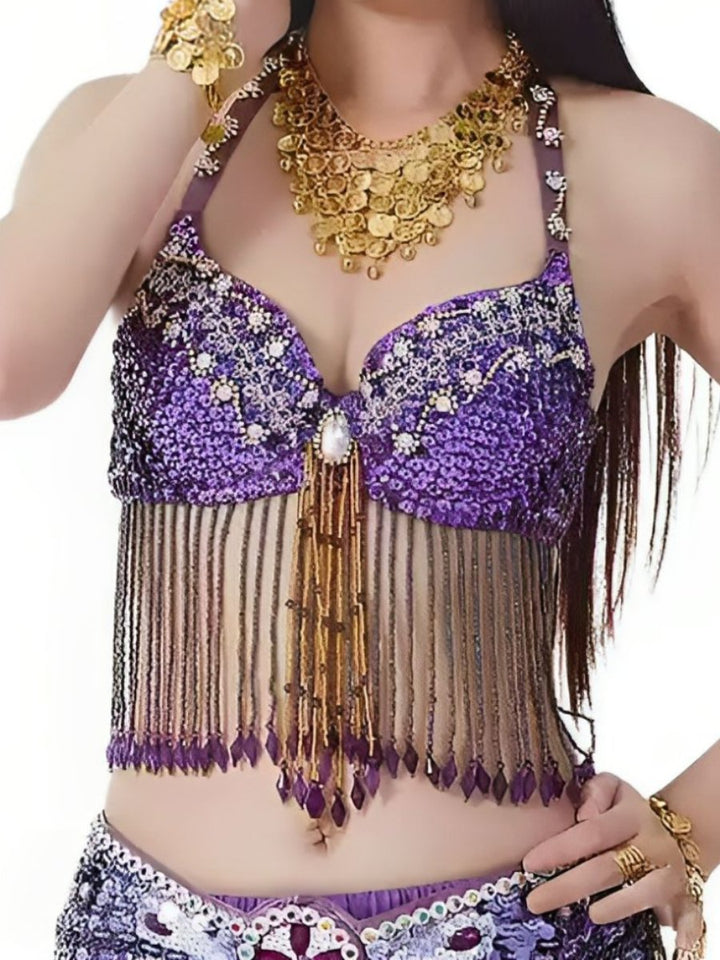 Soutien-Gorge de Danse Du Ventre Sexy à Paillettes et Pompons Sans Manches avec Strass et Perles