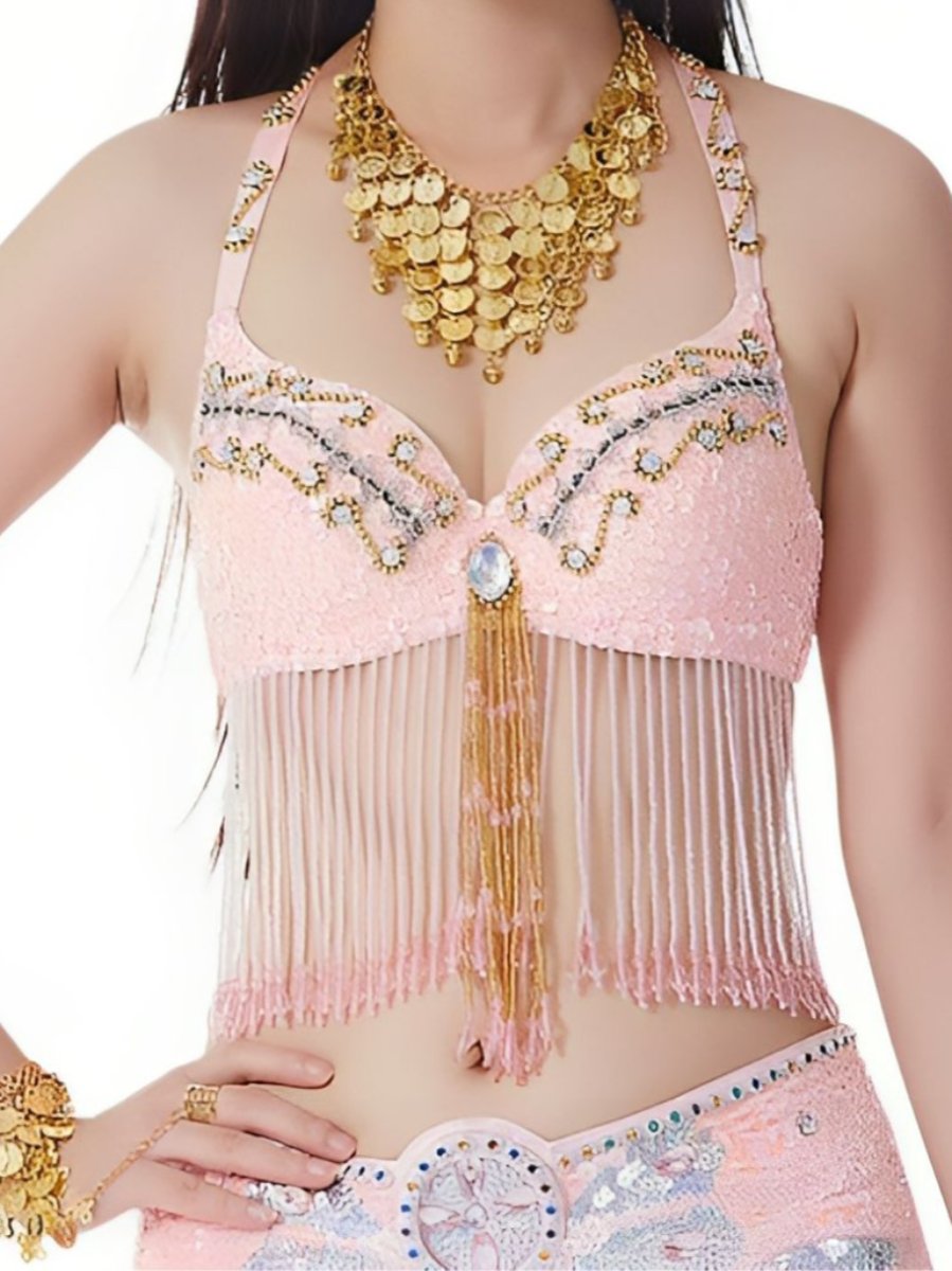 Soutien-Gorge de Danse Du Ventre Sexy à Paillettes et Pompons Sans Manches avec Strass et Perles