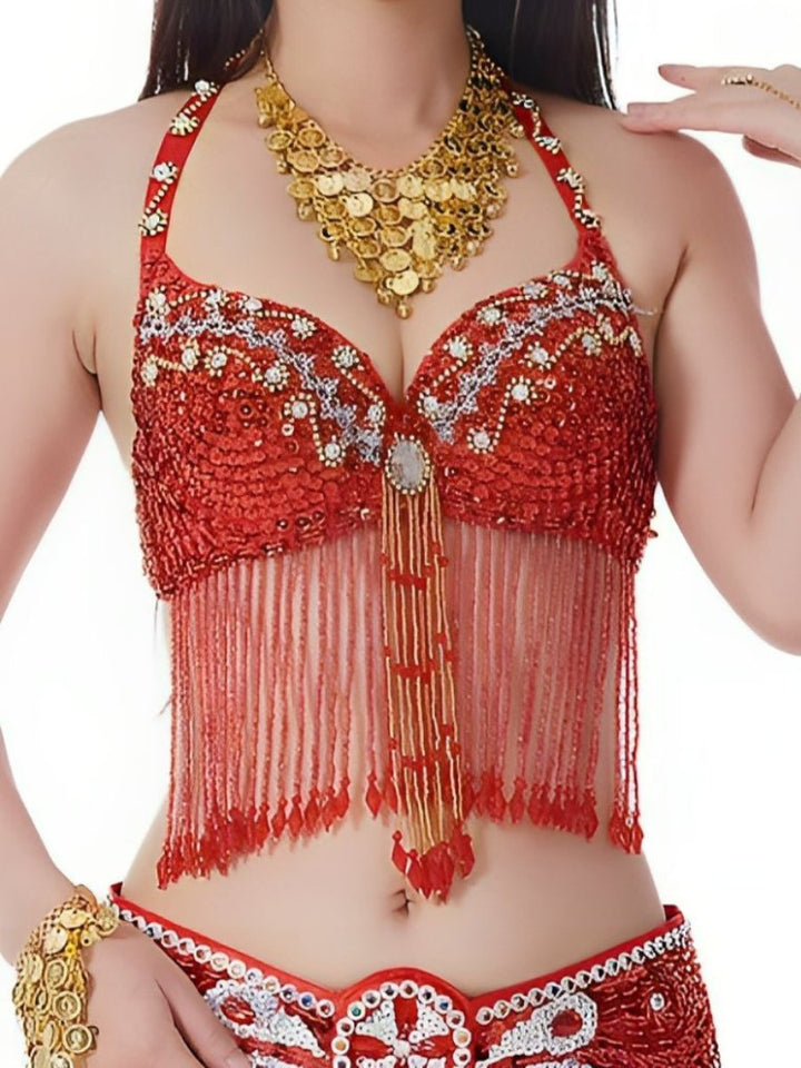Soutien-Gorge de Danse Du Ventre Sexy à Paillettes et Pompons Sans Manches avec Strass et Perles