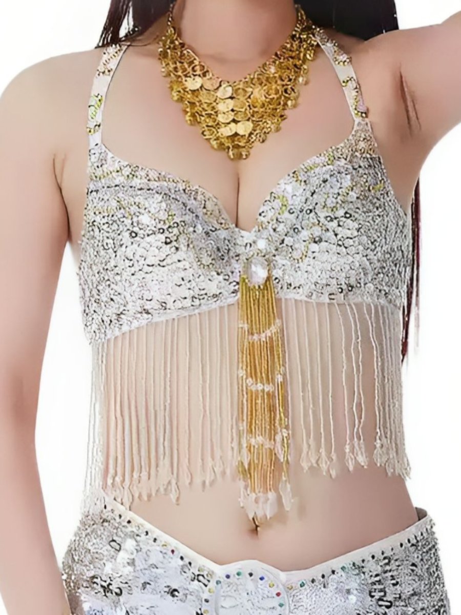 Soutien-Gorge de Danse Du Ventre Sexy à Paillettes et Pompons Sans Manches avec Strass et Perles