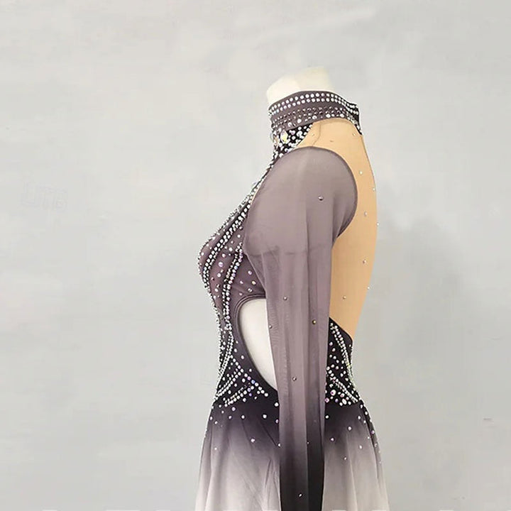 Robe D'Entraînement de Patinage Artistique à Col Montant pour Femmes et Filles, Grise et Scintillante