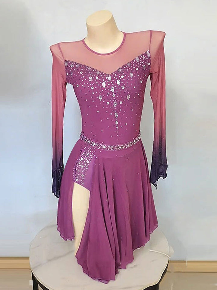 Robe D'Entraînement de Patinage Artistique à Manches Longues pour Femmes et Filles avec Fente Sur le Côté