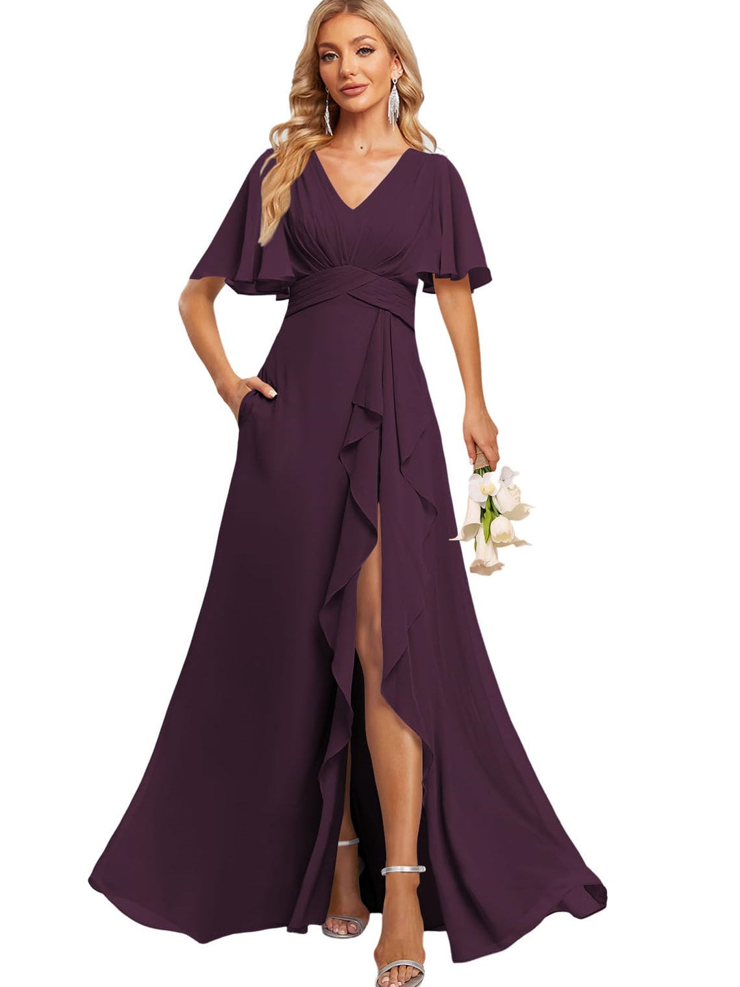 Ligne A Col en V Flutter Manche Floor Length  Robes de Demoiselle d'Honneur avec Poches  avec Slit Froufrous