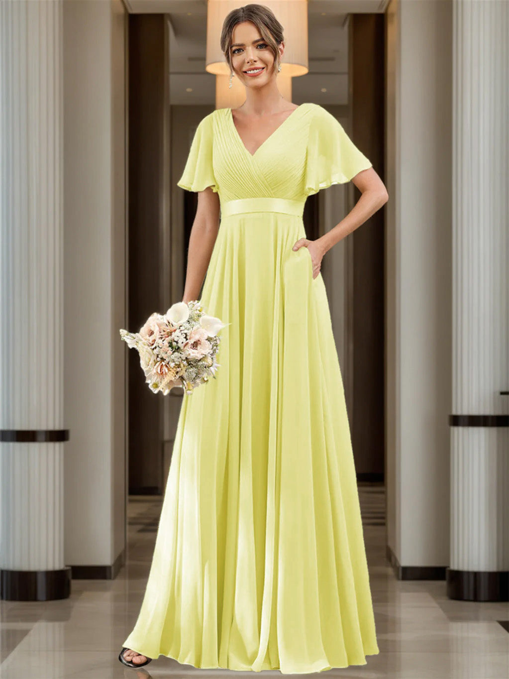 Ligne A  Col en V Flutter Sleeves Floor Length Robes de Demoiselle d'Honneur Mousseline avec Poches Ruché