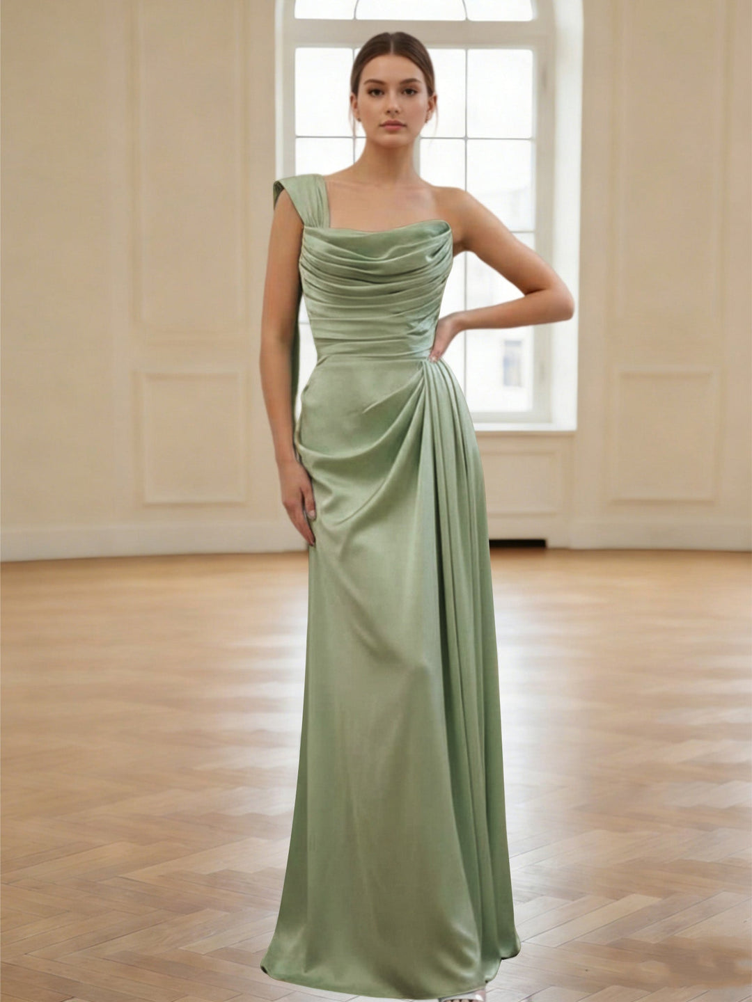 Robes de demoiselle d'honneur fourreau/colonne à une épaule en satin de soie, longues au sol, sans manches et froncées