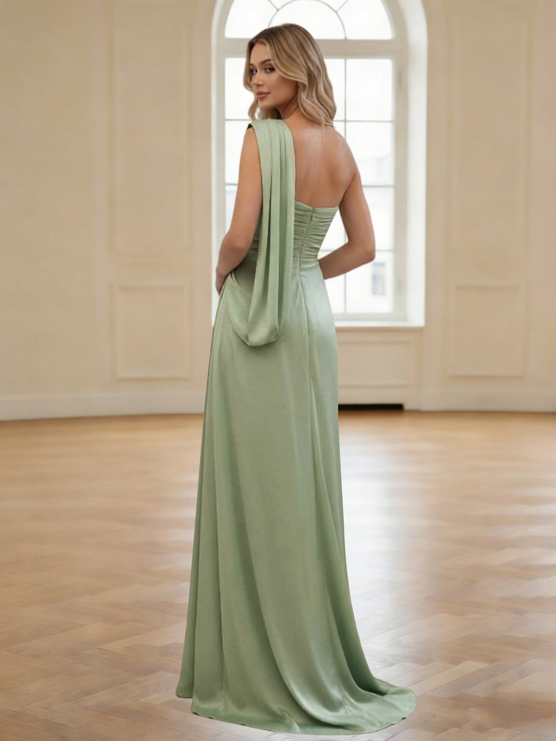 Robes de demoiselle d'honneur fourreau/colonne à une épaule en satin de soie, longues au sol, sans manches et froncées