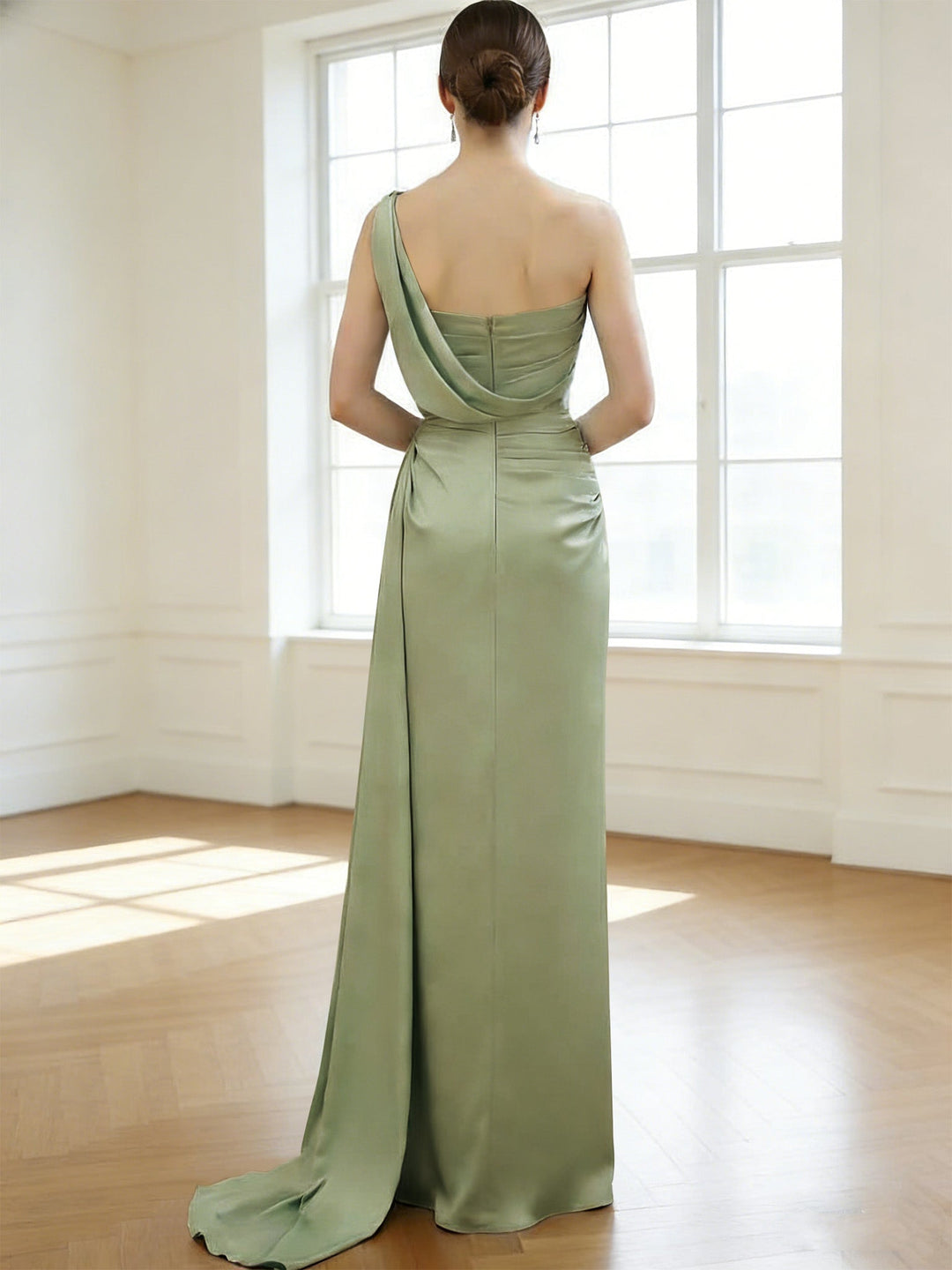 Robes de demoiselle d'honneur trapèze/princesse en satin, longues au sol, sans manches et à une épaule