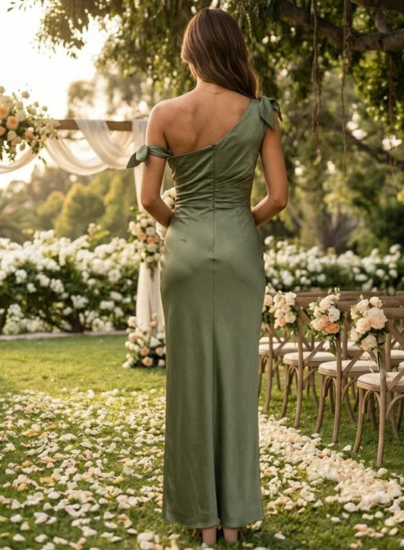 Robe de Demoiselle d'Honneur, Sans Manches, Une Épaule Nue, Gaine/Colonne, avec Nœud Papillon, Longueur de la Cheville