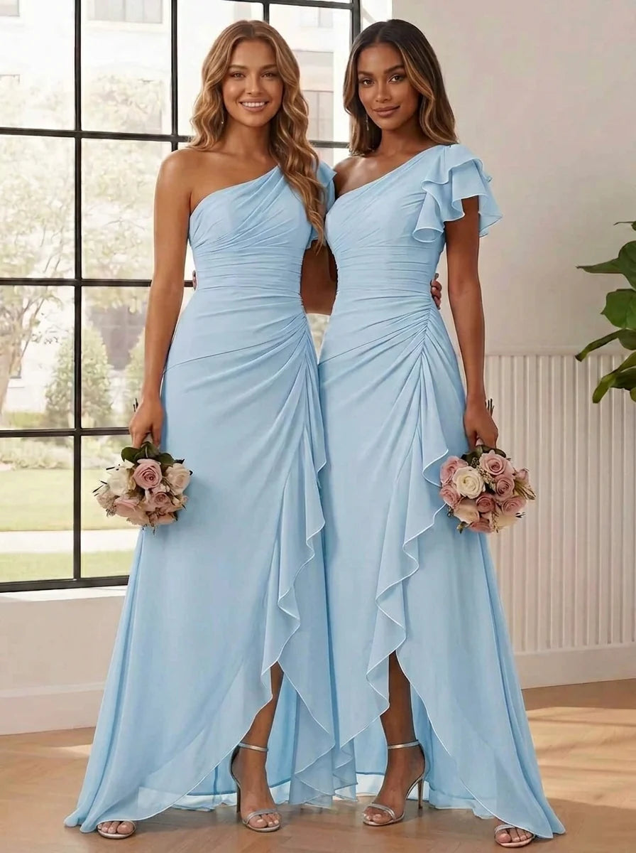 Robe de Demoiselle d'Honneur, Mousseline, Manche Courte, Une Épaule Nue, Ligne A/Princesse, Longueur au Sol Asymétrique