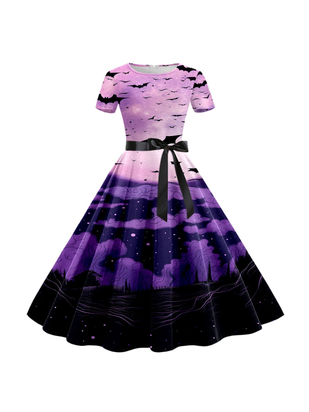 Robe de Costume de Spectacle Imprimée de Dessin Animé D'Halloween à Col Rond et Manches Courtes de Forme Trapèze/Princesse