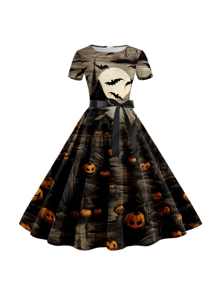 Robe de Costume de Spectacle Imprimée de Dessin Animé D'Halloween à Col Rond et Manches Courtes de Forme Trapèze/Princesse