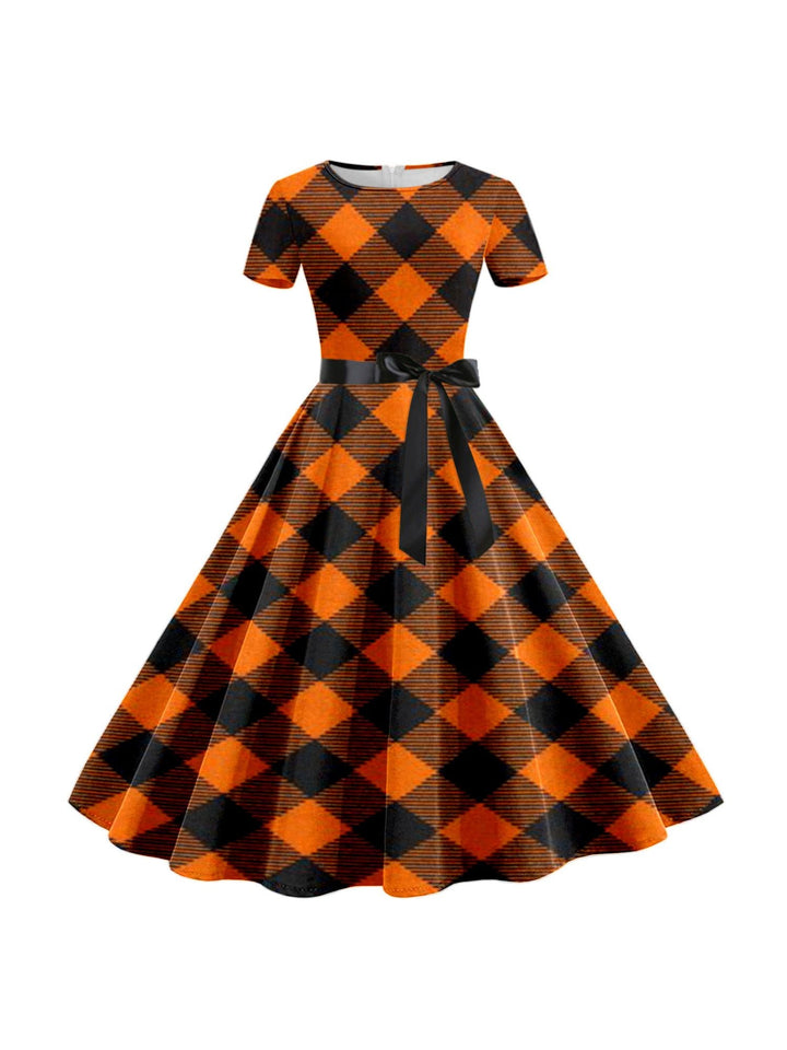 Robe de Costume de Spectacle Imprimée de Dessin Animé D'Halloween à Col Rond et Manches Courtes de Forme Trapèze/Princesse