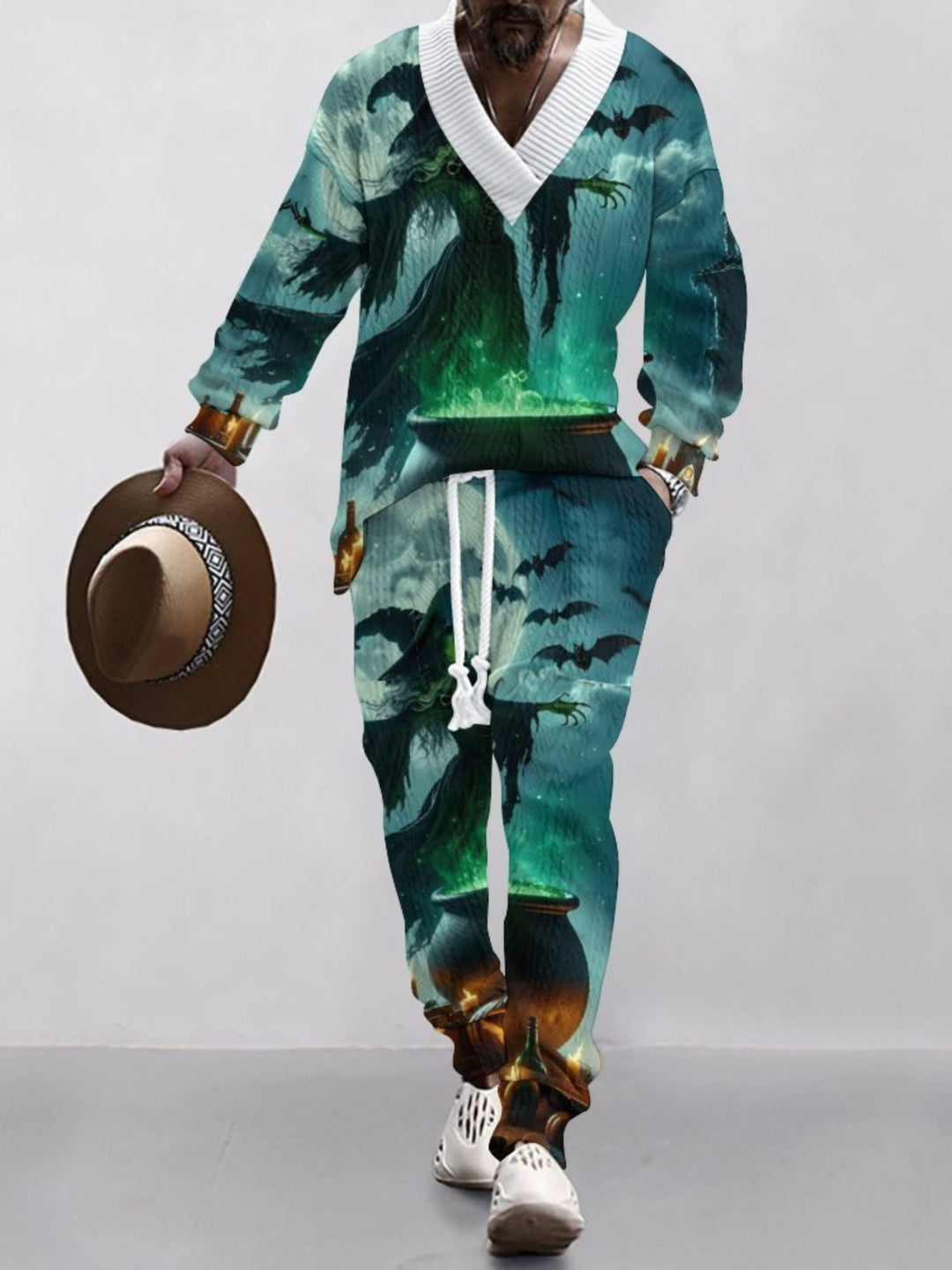 Costume D'Halloween Décontracté à Col en V Imprimé en Tricot à Manches Longues pour Hommes