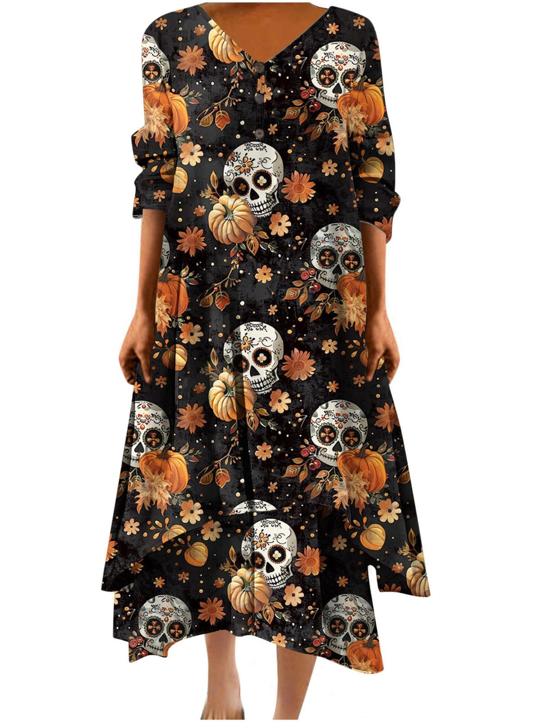 Robe Trapèze/Princesse à Col en V et Manches Mi-Longues, Longueur Cheville, Tenue Décontractée pour Spectacle D'Halloween