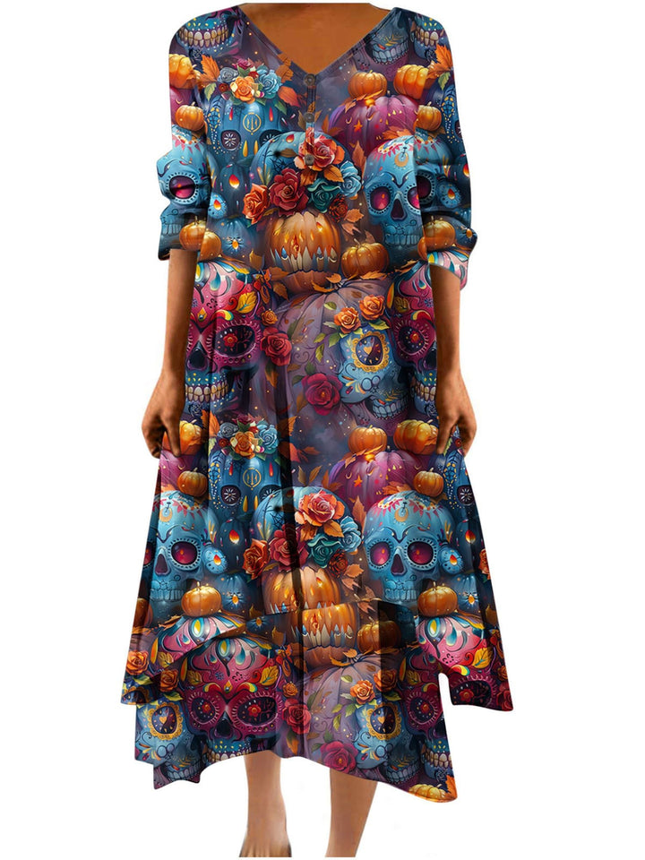 Robe Trapèze/Princesse à Col en V et Manches Mi-Longues, Longueur Cheville, Tenue Décontractée pour Spectacle D'Halloween