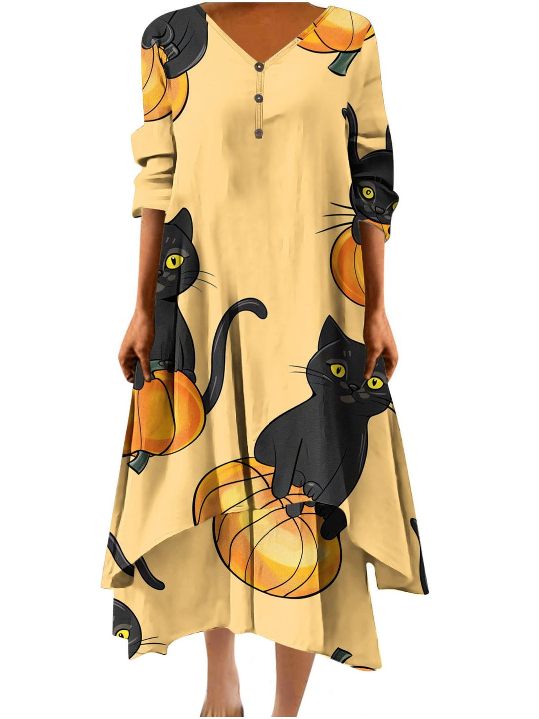 Robe Trapèze/Princesse à Col en V et Manches Mi-Longues, Longueur Cheville, Tenue Décontractée pour Spectacle D'Halloween