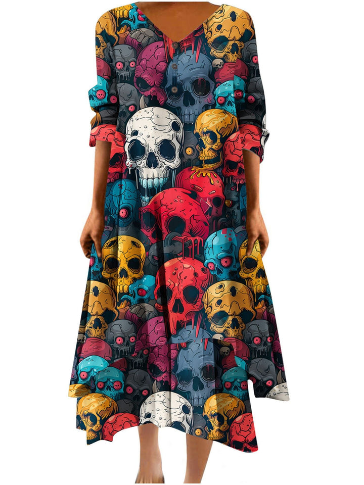 Robe Trapèze/Princesse à Col en V et Manches Mi-Longues, Longueur Cheville, Tenue Décontractée pour Spectacle D'Halloween