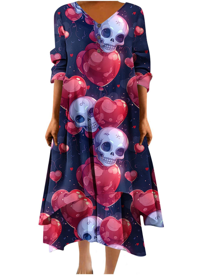 Robe Trapèze/Princesse à Col en V et Manches Mi-Longues, Longueur Cheville, Tenue Décontractée pour Spectacle D'Halloween