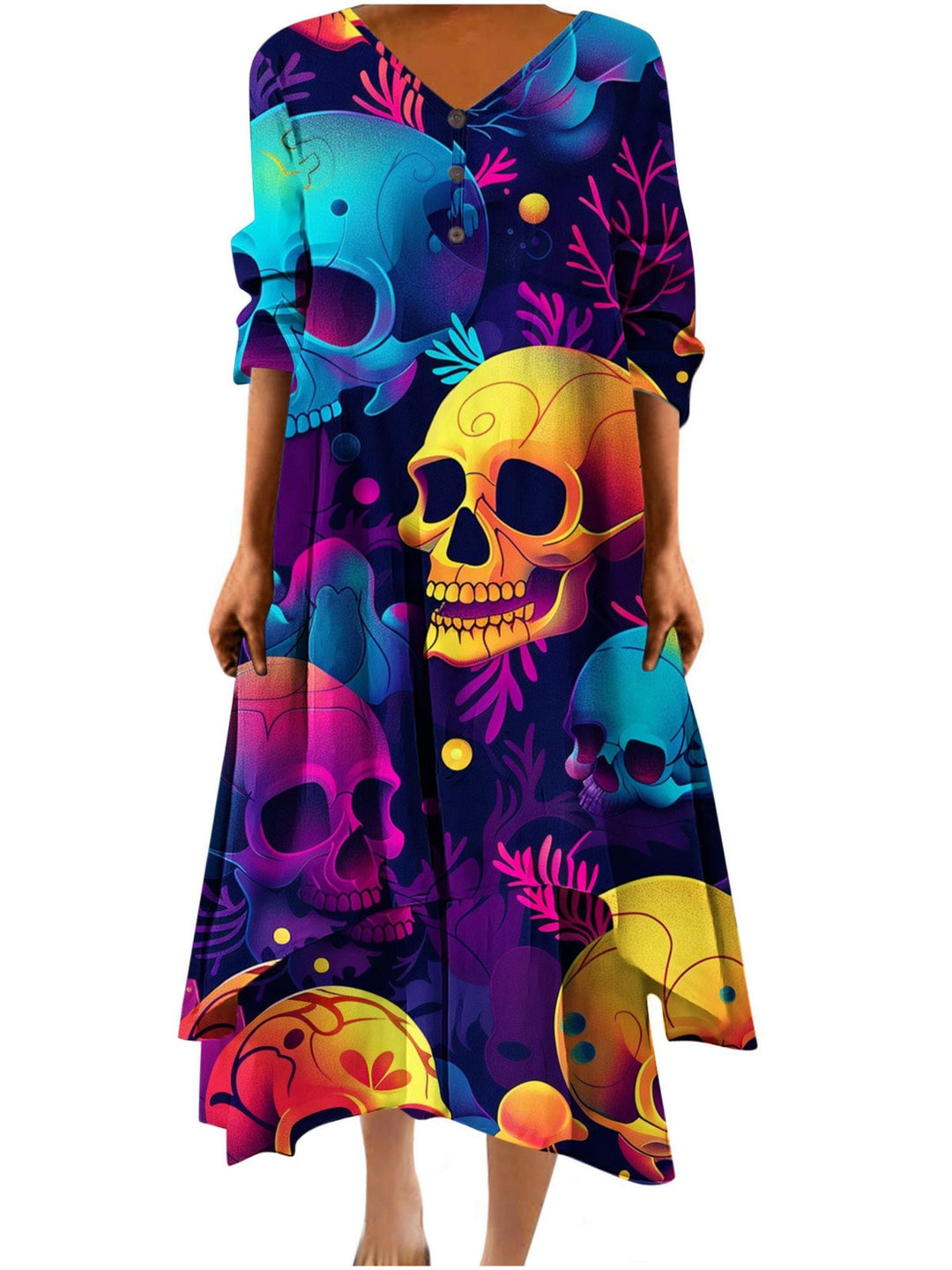 Robe Trapèze/Princesse à Col en V et Manches Mi-Longues, Longueur Cheville, Tenue Décontractée pour Spectacle D'Halloween