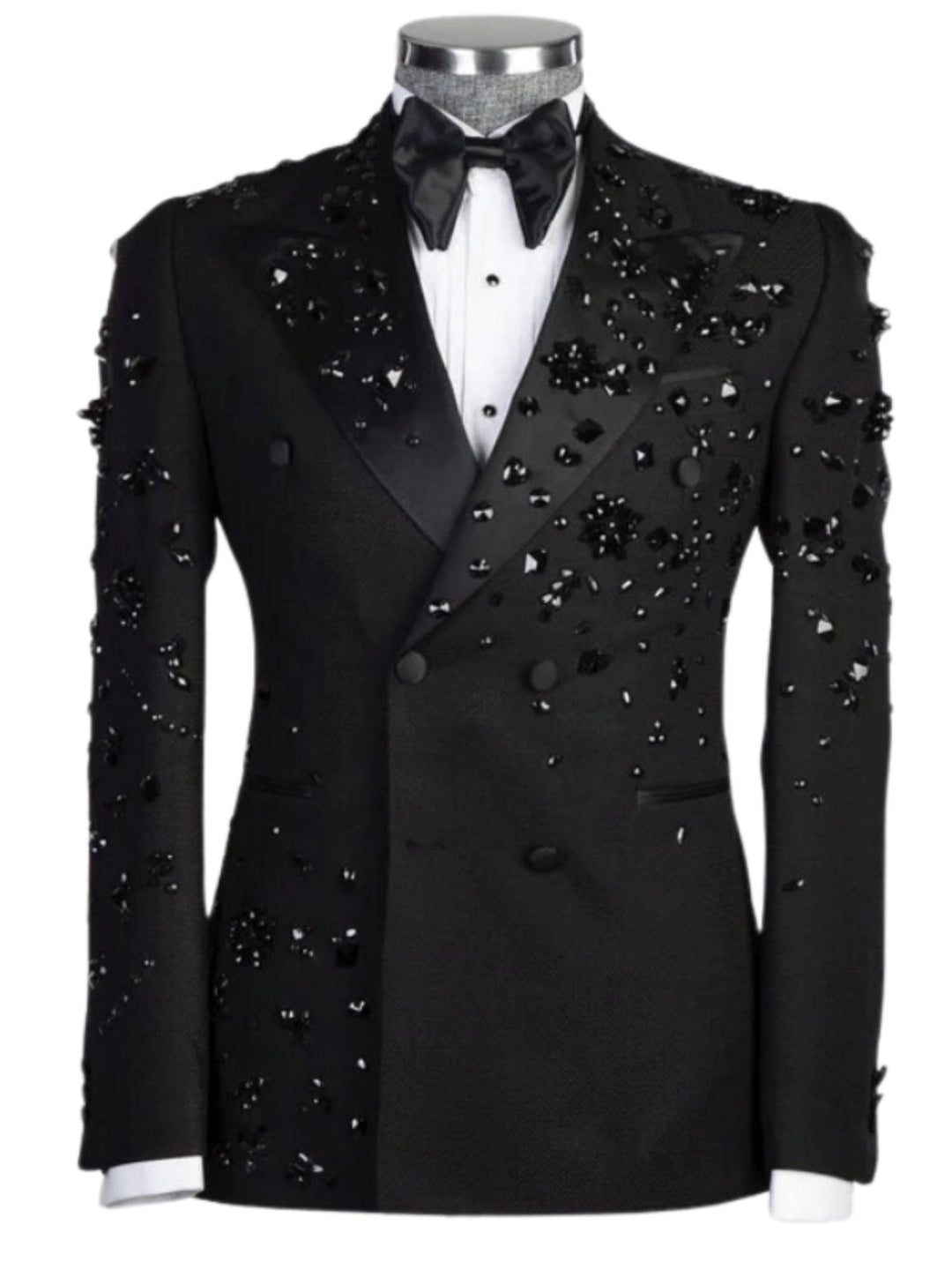 Blazer Croisé 2 Pièces pour Homme, Coupe Ajustée, Perles Noires, Paillettes, Costumes Élégants pour Halloween