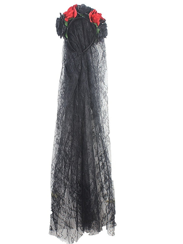 Coiffe Transparente à Fleurs Noires et Rouges pour Halloween, Accessoire de Mascarade pour Cosplay