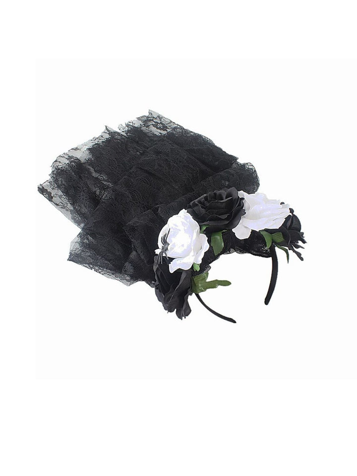 Coiffe Transparente à Fleurs Noires et Rouges pour Halloween, Accessoire de Mascarade pour Cosplay