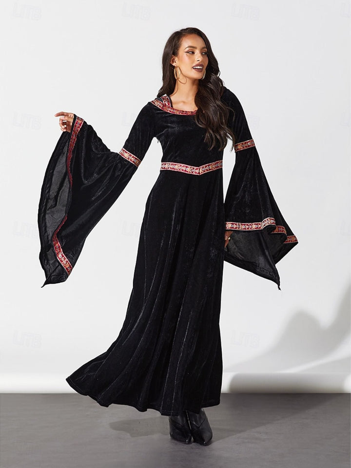 Robe Trapèze/Princesse à Fleurs Vintage à Manches Longues et Col en Cloche, Longueur Au Sol, pour Costume de Spectacle D'Halloween