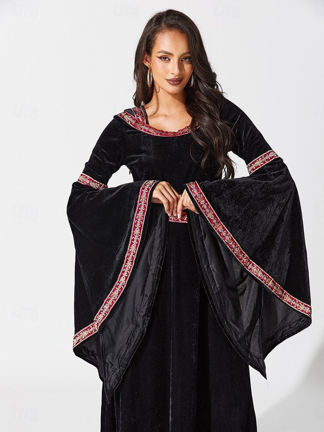 Robe Trapèze/Princesse à Fleurs Vintage à Manches Longues et Col en Cloche, Longueur Au Sol, pour Costume de Spectacle D'Halloween