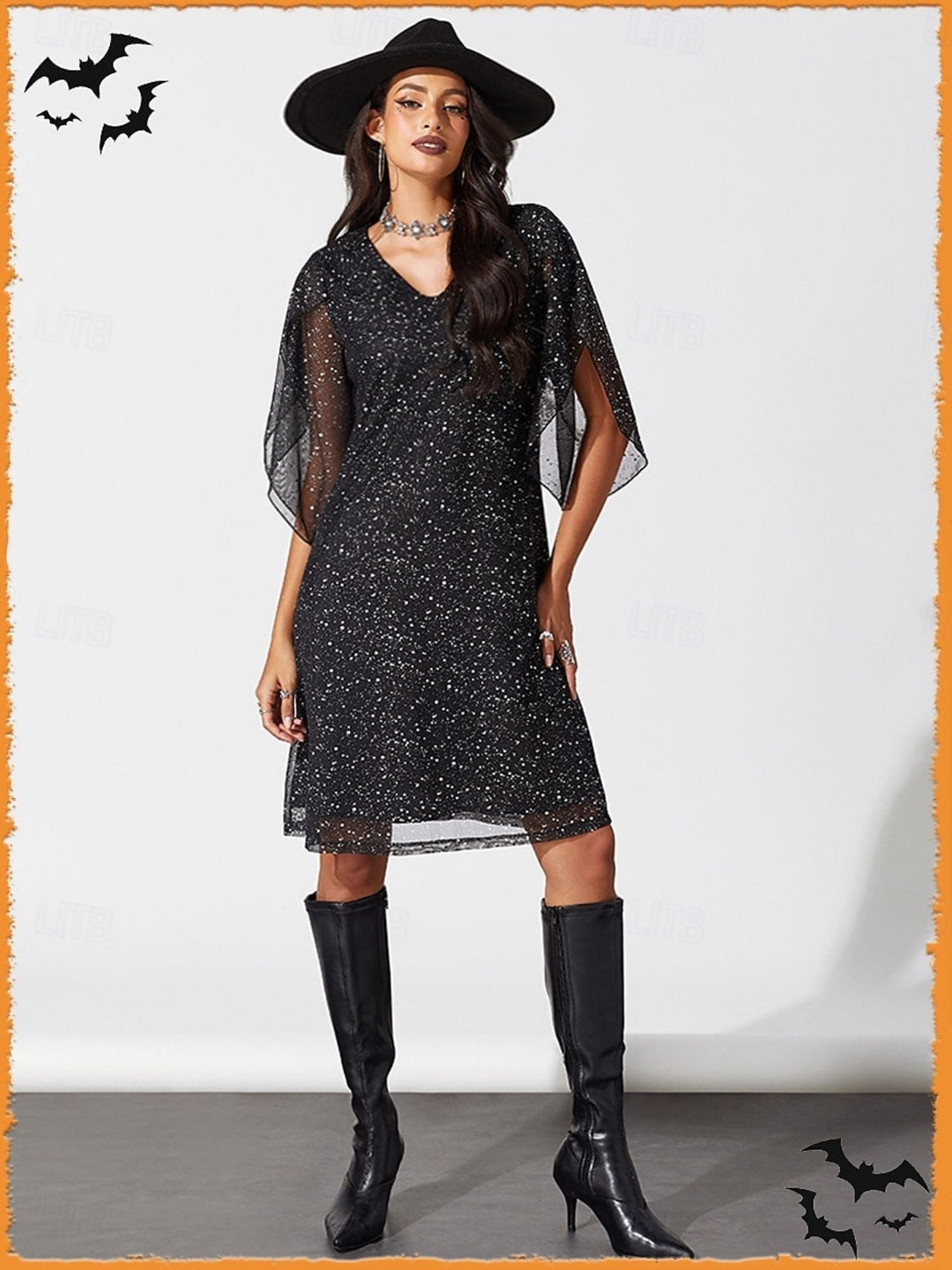 Robe de Soirée Noire Brillante à Col en V et Manches 3/4, Coupe A-Line/Princesse, Longueur Genou, pour Cocktail, Halloween