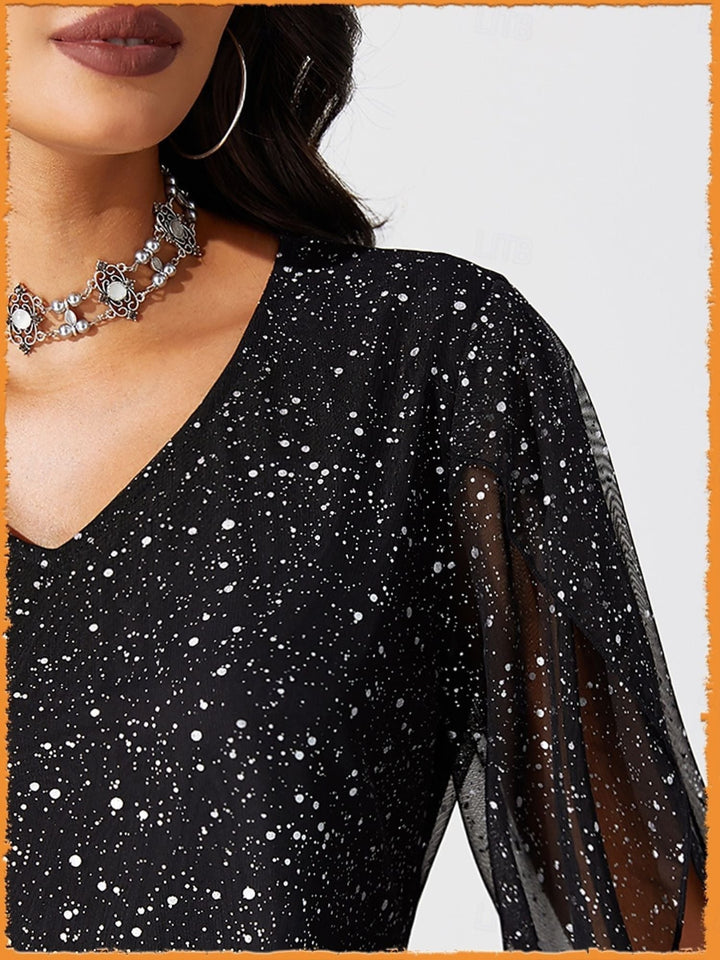 Robe de Soirée Noire Brillante à Col en V et Manches 3/4, Coupe A-Line/Princesse, Longueur Genou, pour Cocktail, Halloween