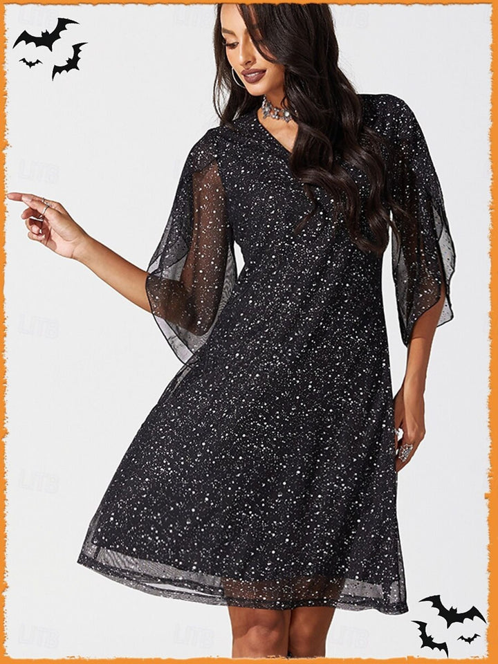 Robe de Soirée Noire Brillante à Col en V et Manches 3/4, Coupe A-Line/Princesse, Longueur Genou, pour Cocktail, Halloween