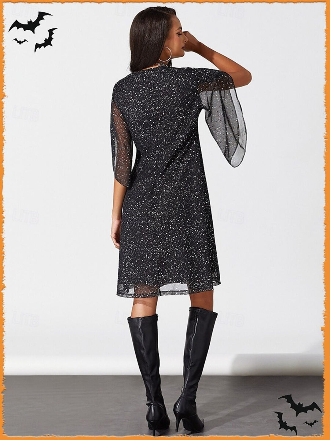 Robe de Soirée Noire Brillante à Col en V et Manches 3/4, Coupe A-Line/Princesse, Longueur Genou, pour Cocktail, Halloween