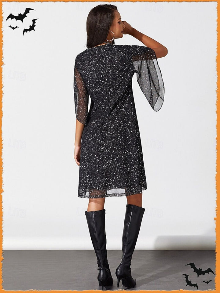 Robe de Soirée Noire Brillante à Col en V et Manches 3/4, Coupe A-Line/Princesse, Longueur Genou, pour Cocktail, Halloween