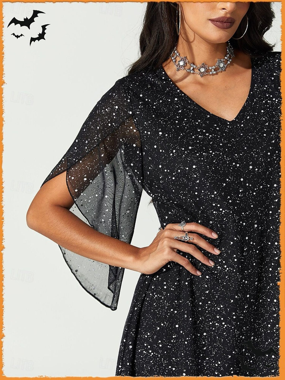 Robe de Soirée Noire Brillante à Col en V et Manches 3/4, Coupe A-Line/Princesse, Longueur Genou, pour Cocktail, Halloween