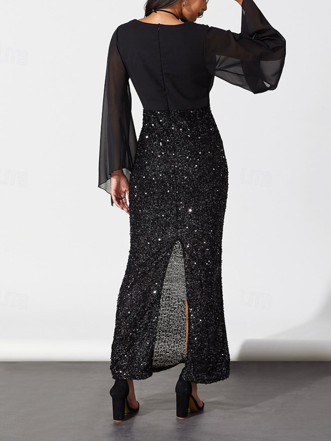 Robe Fourreau/Colonne Noire à Col en V et Manches Longues, Longueur Cheville, Paillettes, Costumes de Spectacle D'Halloween