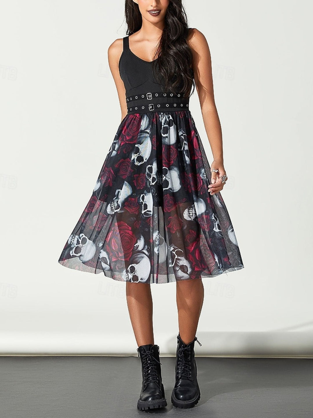 Robe Trapèze/Princesse à Col en V et Manches Longues avec Bretelles et Motif Tête de Mort et Rose pour Halloween