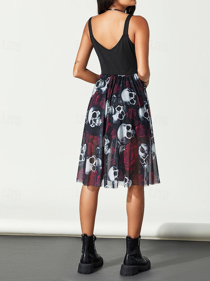 Robe Trapèze/Princesse à Col en V et Manches Longues avec Bretelles et Motif Tête de Mort et Rose pour Halloween