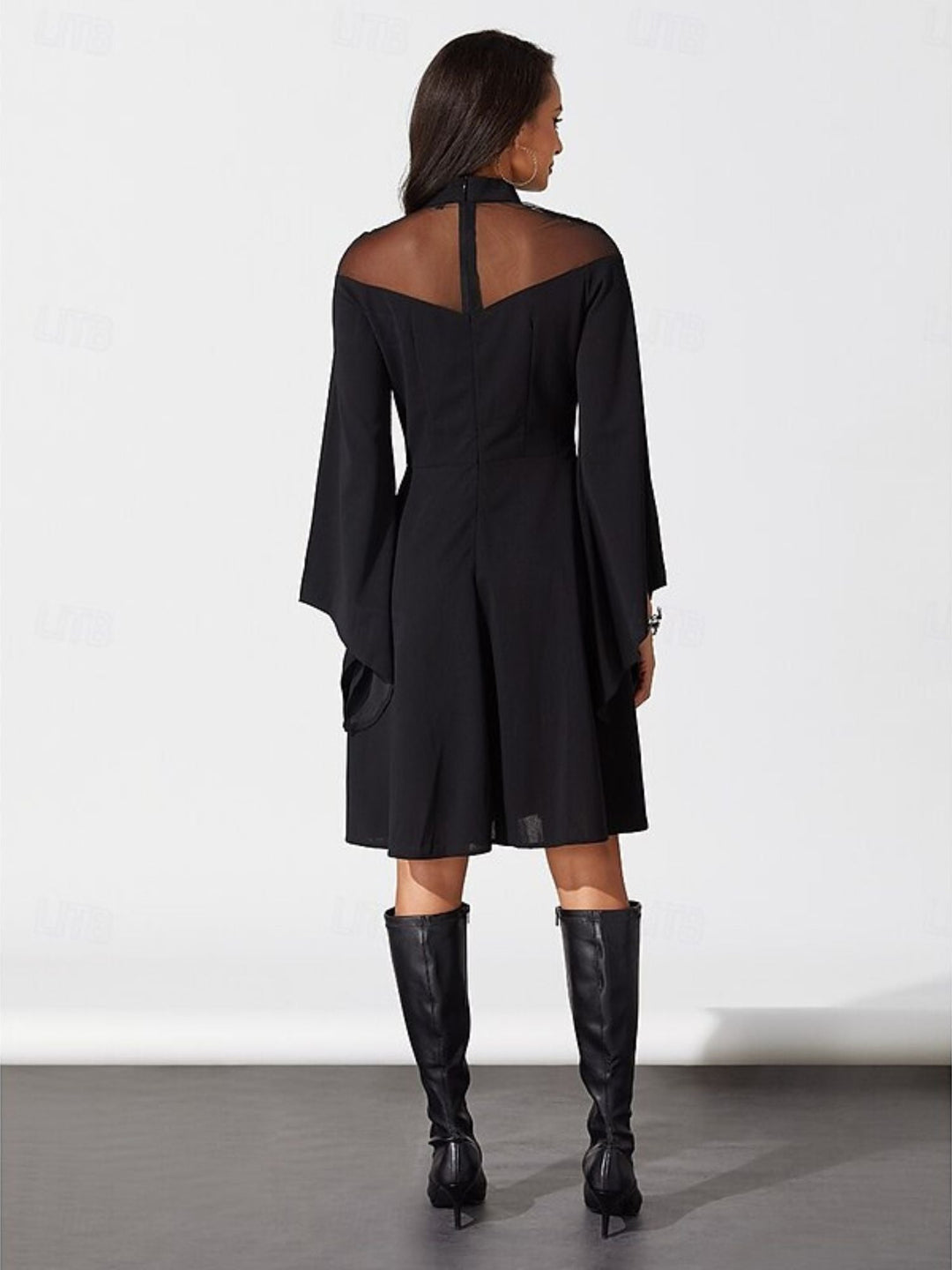 Robe Trapèze/Princesse Unie à Col Haut et Manches Longues Au Genou, Tenue Vintage de Spectacle D'Halloween