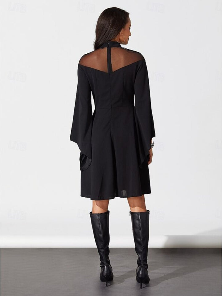 Robe Trapèze/Princesse Unie à Col Haut et Manches Longues Au Genou, Tenue Vintage de Spectacle D'Halloween