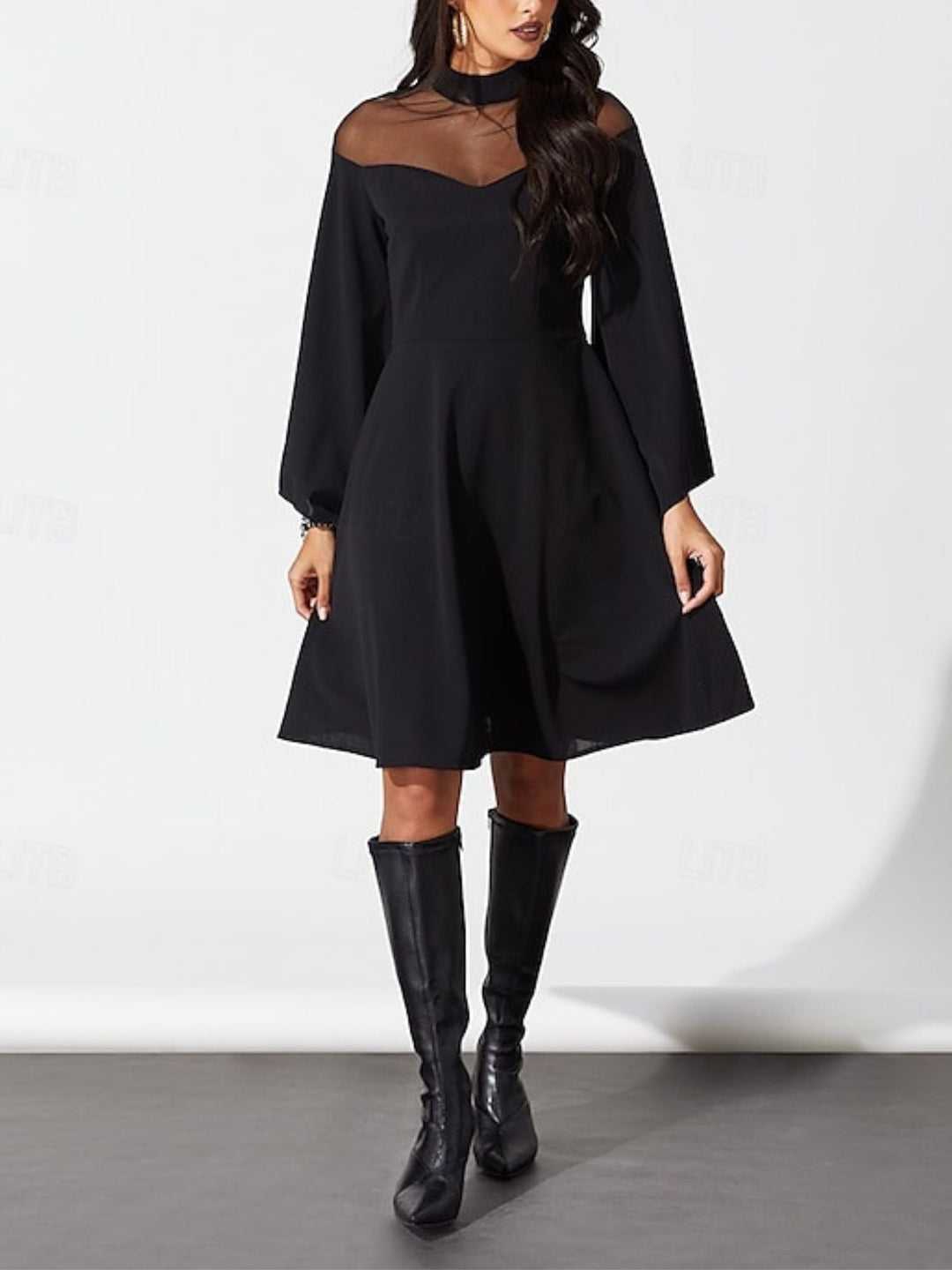 Robe Trapèze/Princesse Unie à Col Haut et Manches Longues Au Genou, Tenue Vintage de Spectacle D'Halloween