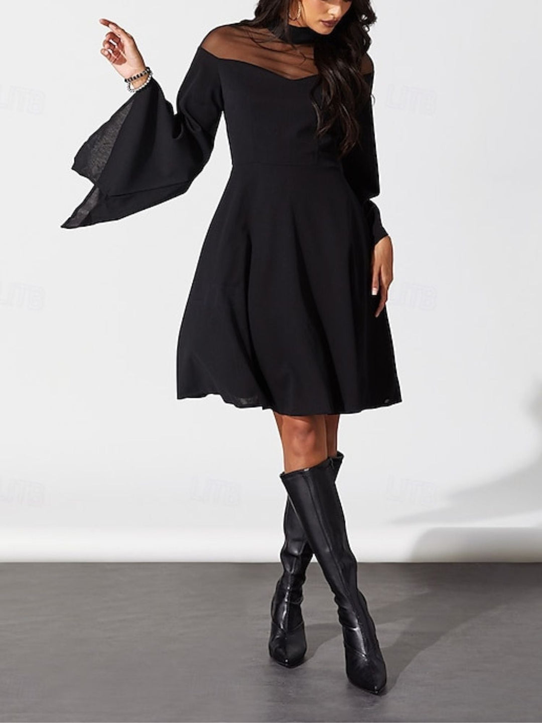 Robe Trapèze/Princesse Unie à Col Haut et Manches Longues Au Genou, Tenue Vintage de Spectacle D'Halloween