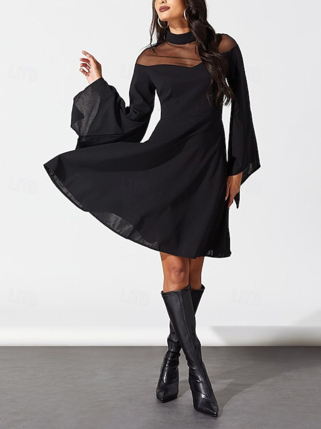 Robe Trapèze/Princesse Unie à Col Haut et Manches Longues Au Genou, Tenue Vintage de Spectacle D'Halloween