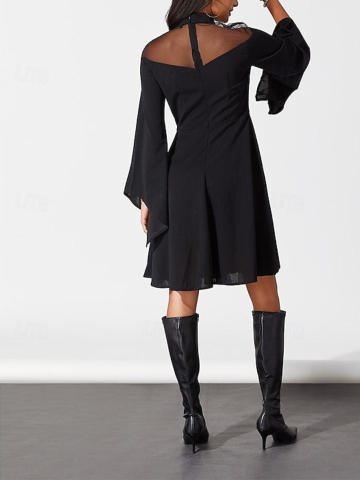 Robe Trapèze/Princesse Unie à Col Haut et Manches Longues Au Genou, Tenue Vintage de Spectacle D'Halloween