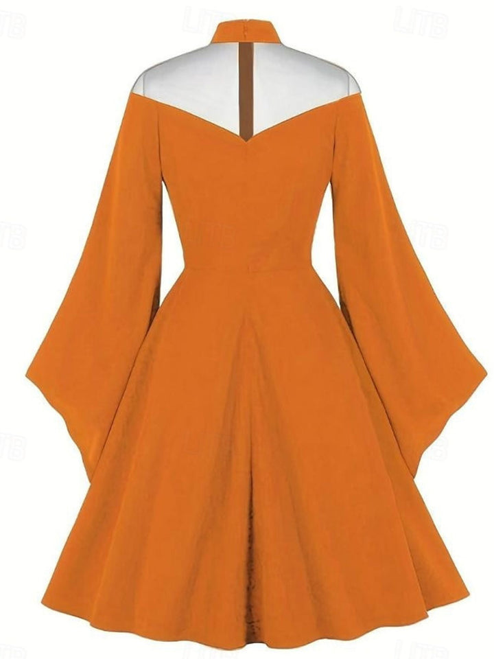 Robe Trapèze/Princesse Unie à Col Haut et Manches Longues Au Genou, Tenue Vintage de Spectacle D'Halloween