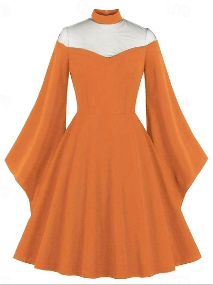 Robe Trapèze/Princesse Unie à Col Haut et Manches Longues Au Genou, Tenue Vintage de Spectacle D'Halloween